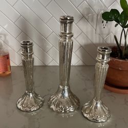 World Market 3 Silver Ribbed Taper Candle Holders 