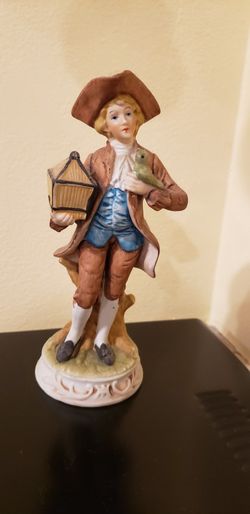 Victorian Man With Bird And Cage Hand Painted Porcelain Vintage Figurine 8" Tall