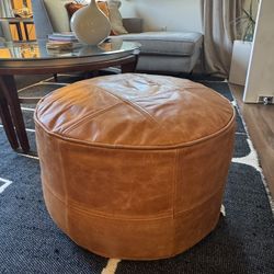 CB2 Round Saddle Leather Pouf