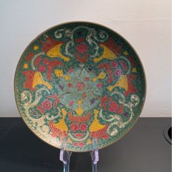 Vintage Enameled Chased Solid Brass Bowl India  8 inches B10