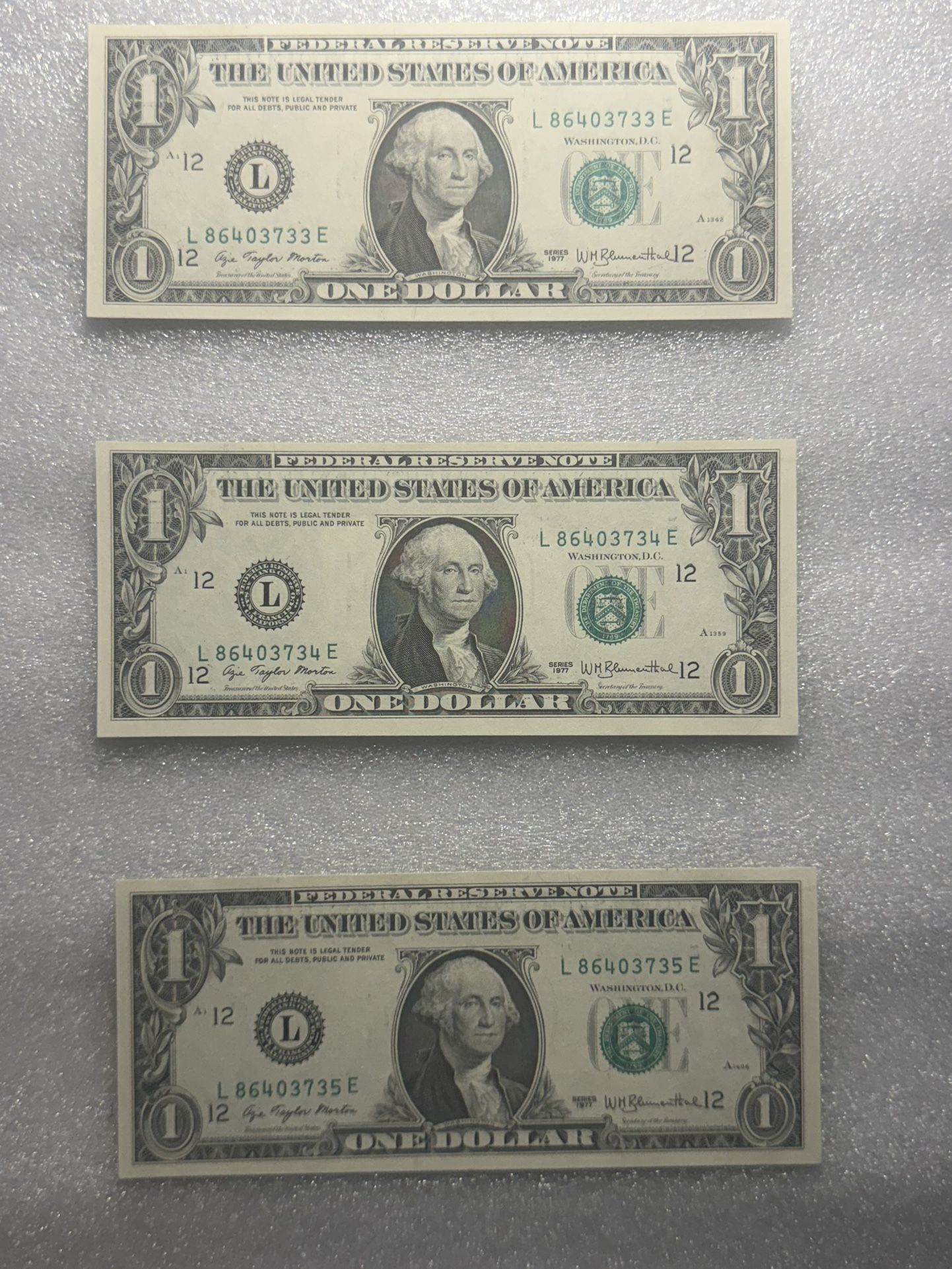 3x 1977 1 Dollar Sequential Uncirculated 