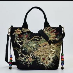 Women,Ladies Ethnic Travel Hobo Bags Tote with Bling Sequins Phoenix Embroidered