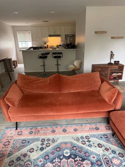 Albany Park Rust Velvet Sofa + Ottoman – Discontinued Style – $600 (Pet & Kid Friendly)