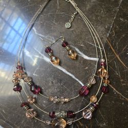 New Napier Antique Gold Tone Amber, Maroon & Gold Beaded Necklace With Matching Earrings