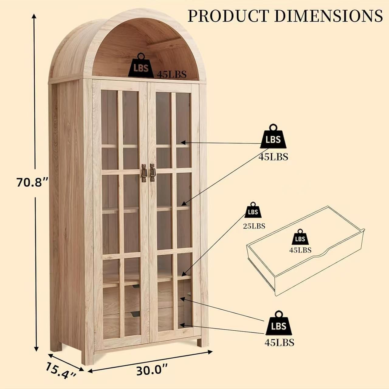 🥨71" Tall Arched Kitchen Pantry Storage Cabinet with Glass Doors, 5 Tier Modern Bookshelf with 2 Drawers, Wooden Storage Cabinet with Doors