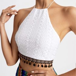 New White Gold Boho Geo Embroidery Coin Hem Backless Crop Halter Top - Small (4)