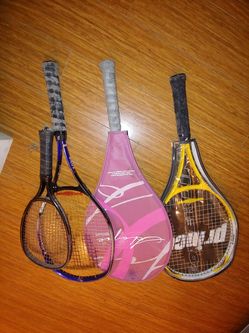 3 tennis racquets, 2 covers 1 racquetball