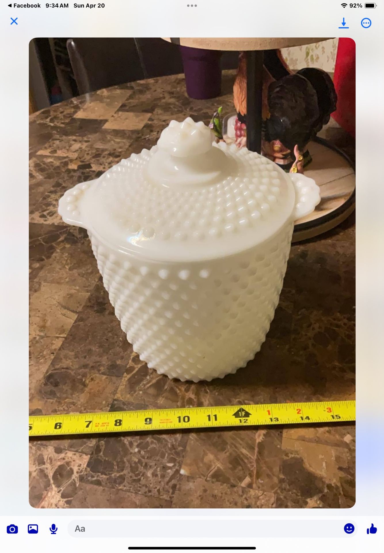 This is a vintage milk glass hobnail cookie jar with a lid, likely produced by Anchor Hocking