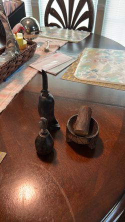 Set of three Wooden Mortar and Pestle with Decorative Figurines