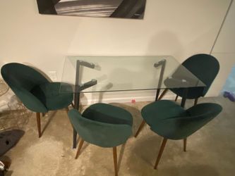 Glass-Top Dining Table with 4 Velvet Green Chairs