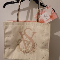 NWT Victoria's Secret Shimmer Logo VS Gold Stars Floral Tote Hand Shoulder Bag

