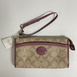 COACH ~ Chelsea Heritage Zippy Wristlet Wallet ~ F46775 ~ Light Khaki / Rose