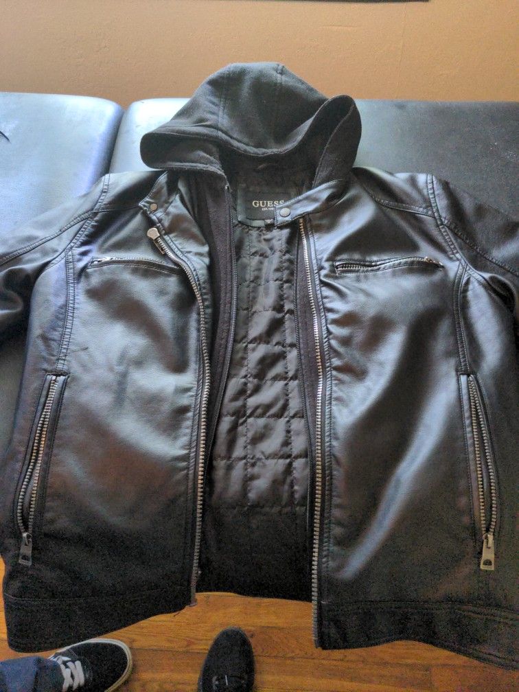 Guess Men's M Leather Jacket W Hoodie