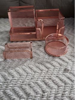3-Piece Rose Gold Mesh Desk Organizer Set.