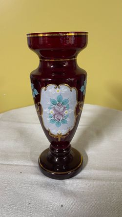 Ruby Red Glass Vase with Hand-Painted Floral Design