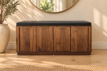 Modern Walnut Fluted Storage Cabinet / Shoe Storage Bench / Entryway Bench -FREE DELIVERY