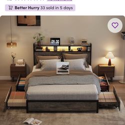 Bed Frame With 2-Tier Storage Headboard, Metal Platform Bed Frame With 4 Storage Drawers, Built In Charging Station And LED, Metal Support/No Box Spri