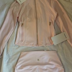 Pink-Lulu lemon cropped define jacket with gold zipper and leggings