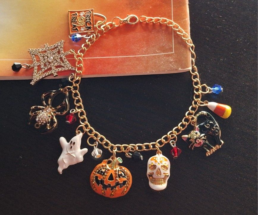 Halloween fun & festive charm bracelet, gold tone, enamel charms & rhinestones