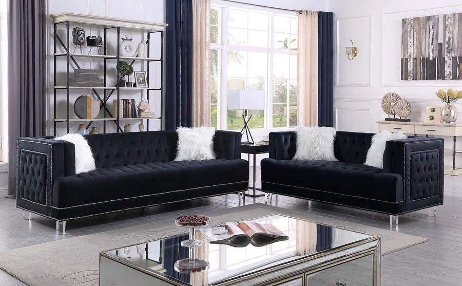 Black Sofa - Contemporary Glam Style Black Velvet 2pc Sofa Set 