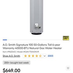 Brand New | A.O. Smith Signature 100 50-Gallons Tall 6-year Warranty 40000-BTU Natural Gas Water Heater