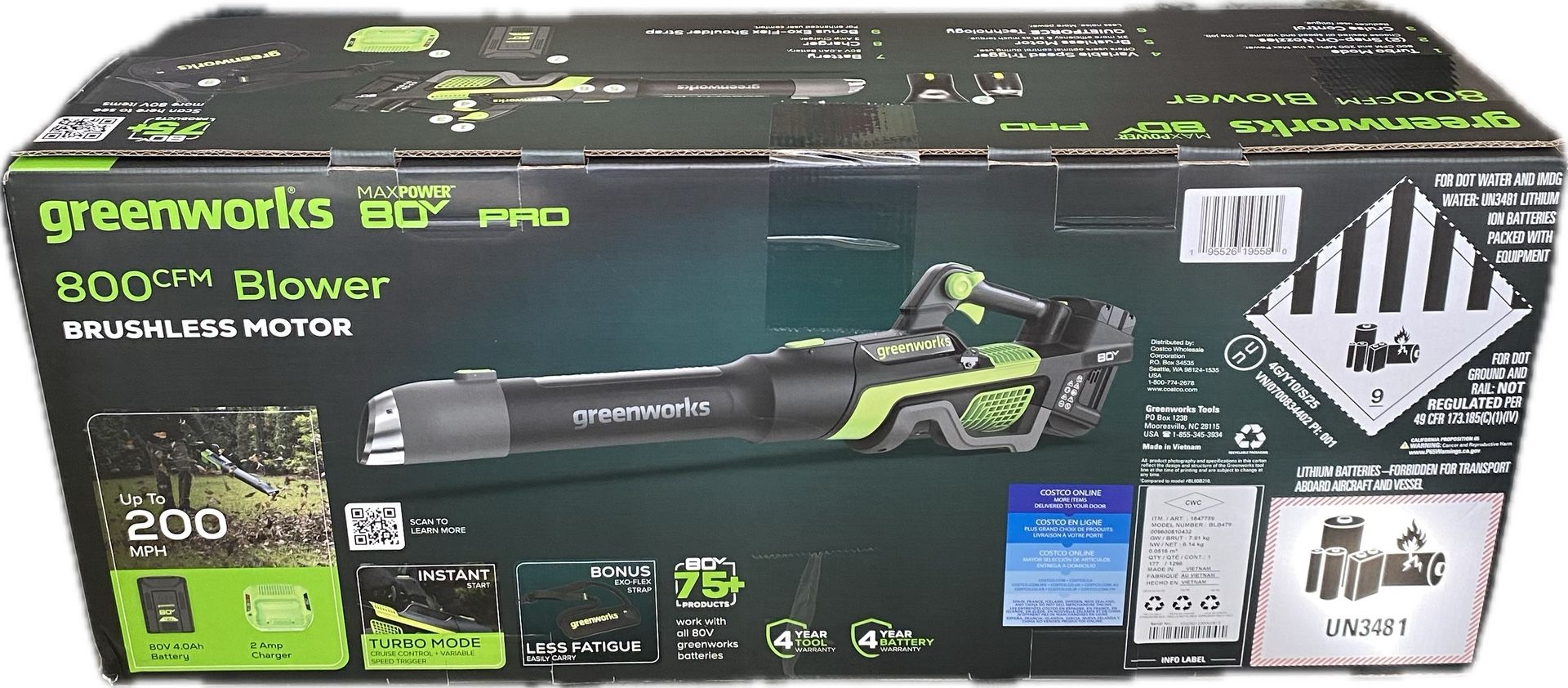 Greenworks 80V 800CFM Brushless Leaf Blower w/ 4Ah Battery &Charger Item1847759