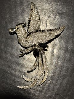 Vintage Silver Tone Bird of Paradise Brooch Pin Textured Wings Accented with Dark Crystals