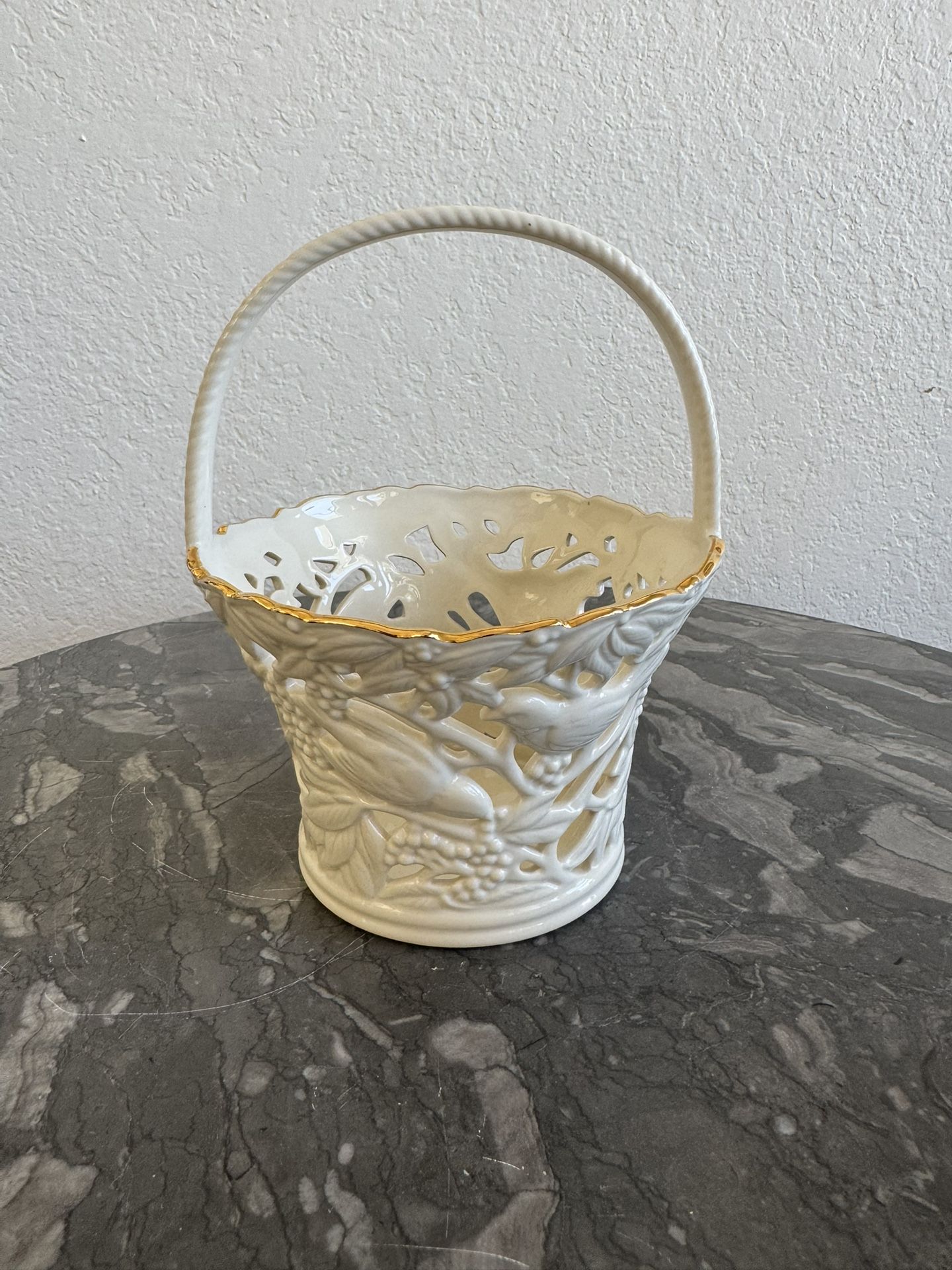 Lenox “Filigree Forest” Porcelain Basket – Ivory with Gold Trim, Floral Cutout Design