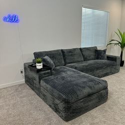 Modern Charcoal Grey Corduroy Sectional Sofa Couch