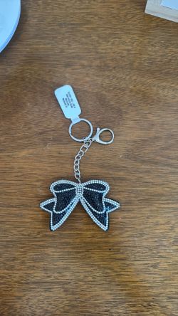 New With Tags Silver Black Rhinestone Bow Keychain Purse Bag Tag Charm
