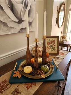 Set of 3 Rustic Wood Grain Taper Flared Candlestick Holders Gold Metal Cups