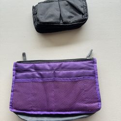 2 Purse Inserts: Small Black (Used)-$2 and Medium Purple (New)-$5 with outside pockets and zippered compartments