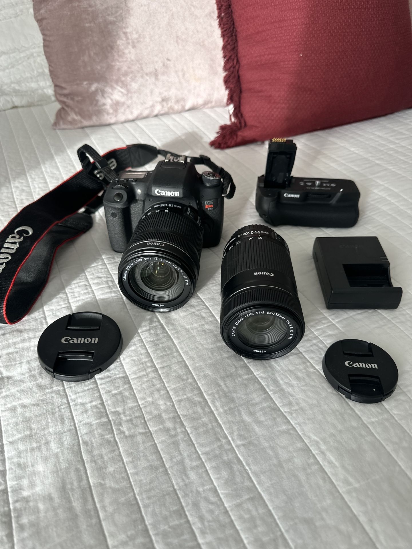 Canon EOS REBEL T6S • Zoom Lens EF-S 18-135mm & 55-250mm • Battery Grip • DSLR Camera Like New