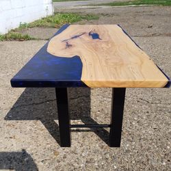 Gorgeous 21 x 50 coffee table with blue river and oak wood steel legs