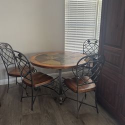 Wood/Metal/Slate Dining Nook Table, And Four Chair Chairs