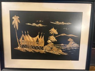 Framed Straw Inlay Scenic Artwork