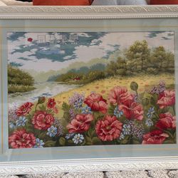 Large Handmade Framed Cross Stitch Landscape – 40” x 30”