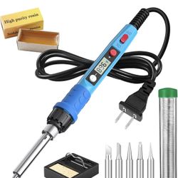 Soldering Iron Kit, 80W 110V LCD Digital Solder Iron Pen with Ceramic Heater, Portable Welding Tools with 5pcs Tips, Stand, Solders Wire, Sponge, Past