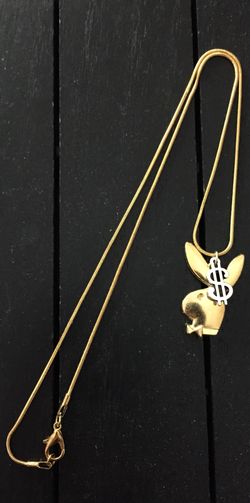 (18”, 20” or 22”)18K Gold Plated Necklace with Playboy Bunny Pendant and Stainless Steel Dollar Sign