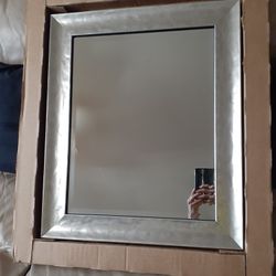 Amanti Art Silver Bathroom Mirror for Over Sink, 25x21 Waveline Silver Narrow Rectangle Vanity Mirror, Small Casual Frame, Hangs Horizonally and Verti