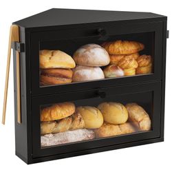 Corner Bread Box for Kitchen Countertop,Double Layer Under Cabinet Organizer (Black,  Medium)