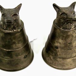 Elizabeth II Style Fox Head Stirrup Cups - Antique Fox Head Toasting Cups - Pair