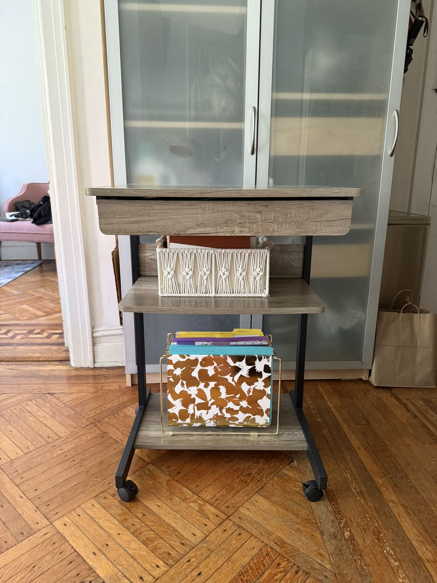 Mobile Writing Desk with Wheels, Drawer & Shelf – $40 (Brooklyn)