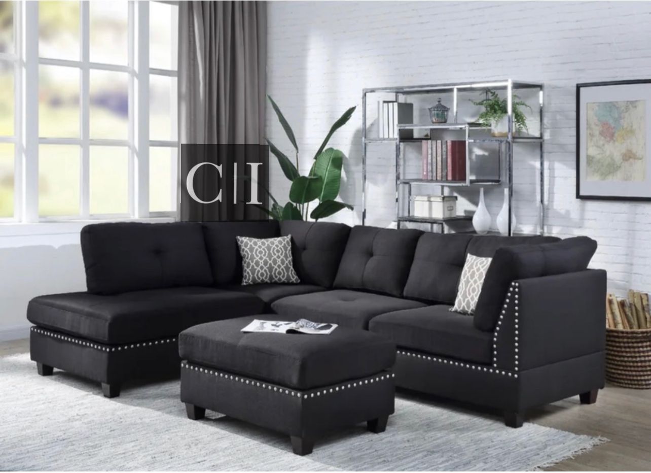 New Black Sectional Sofa Couch Ottoman