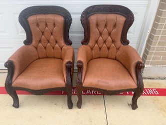 Pair of Solid Wood Carved Accent Chairs – $220