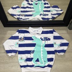 Vintage 1990s Kids / Juniors Striped Dinosaur All Over Print Polo Crewneck / Sweatshirt 