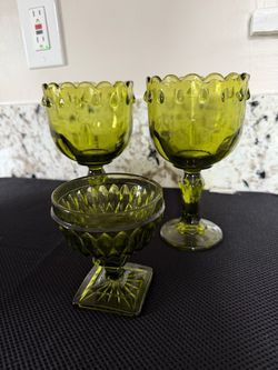 Beautiful Lot Of 3 Avocado Green Teardrop Glass Goblets & Champagne Sherbet Glass