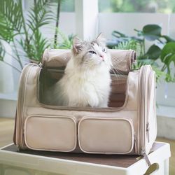 FUKUMARU Cat Carrier, 4 Mesh Windows Small Dog Carrier, 4 Storage Pockets Cat Travel Bag, Under 15 lb Airline Approved Pet Carrier, Rollable Cover for