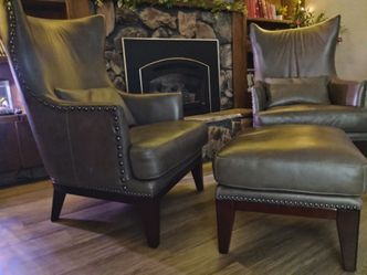 Genuine, Top grain Leather Wingback chairs and ottoman