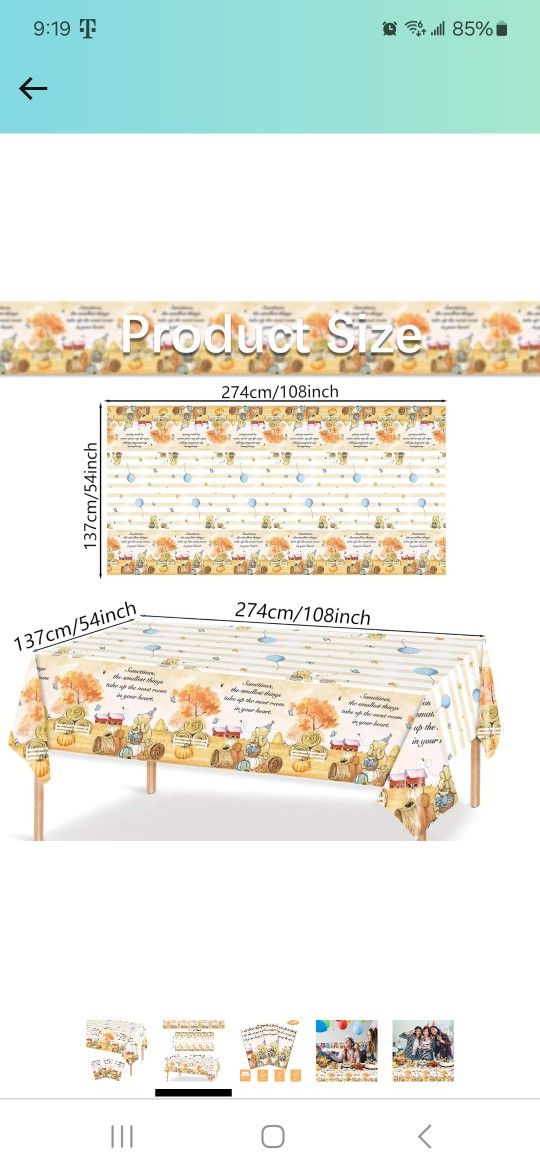 Winnie Baby Shower Tablecloth Pooh Bear Party Thanksgiving Pumpkin Autumn Watercolor Table Cover Birthday Party Supplies for Boys, 54 x 108 Inches